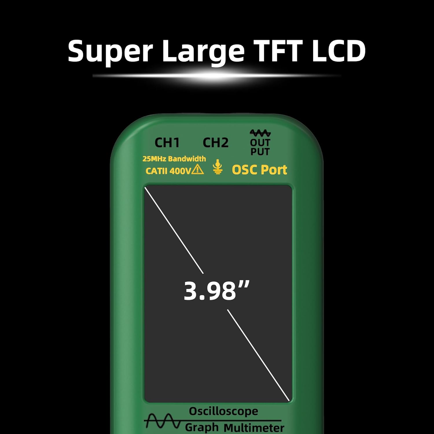 Close-up of the 3.98-inch TFT LCD screen on the oscilloscope multimeter