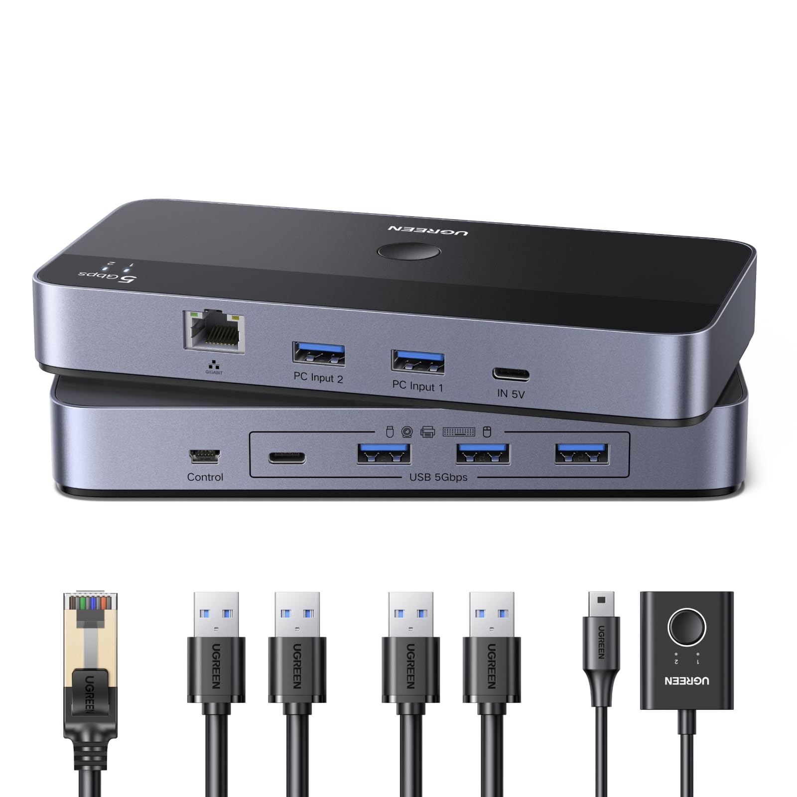 Przełącznik USB UGREEN dla 2 komputerów z portem RJ45, USB 3.0 z 2 wejściami i 4 wyjściami, w zestawie pilot zdalnego sterowania, plug & play, kompatybilny z systemami Windows/Mac/Linux itp.