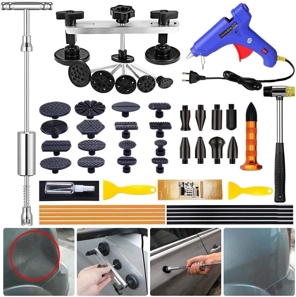 Manelord Car Dellen Reparatur Ausbeulwerkzeug Set, Auto Lackfreies Beulen Reparaturset Dent Puller Kit, Gleithammer Dent Abzieher mit 16 Stück Klebel