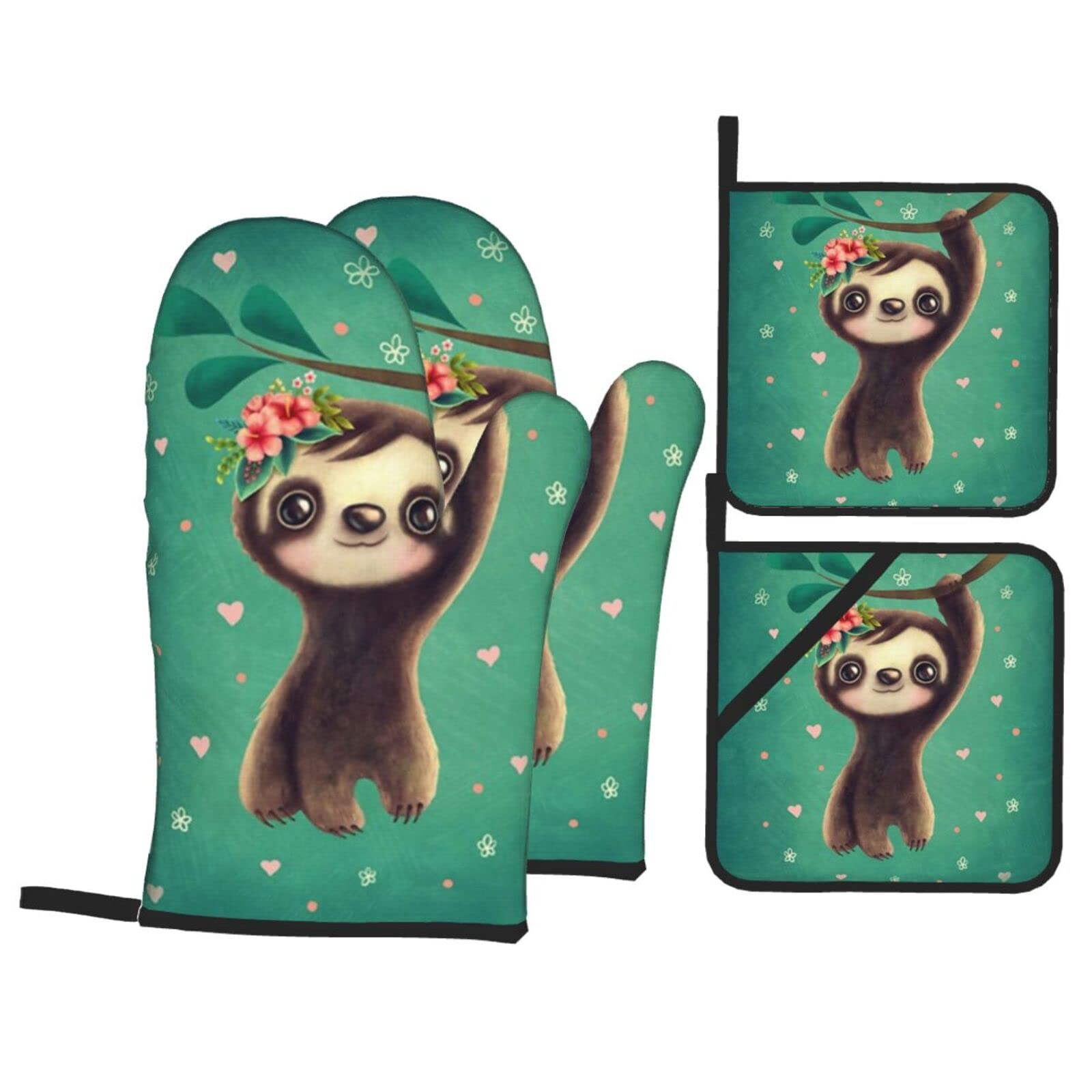 Cute Sloth Oven Mitt and Pot Holder 4-Piece Set for Kitchen, Outdoor Grill, Baking