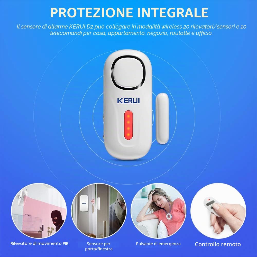 KERUI Allarme Casa Senza Fili D2, 4 Zone Sistemi di Sicurezza Domestica con 2 Sensore Movimento,1 Allarme Porta 4 Sensori Porta 1 Telecomando, 120dB Sensori Allarme Porte e Finestre per Casa Garage