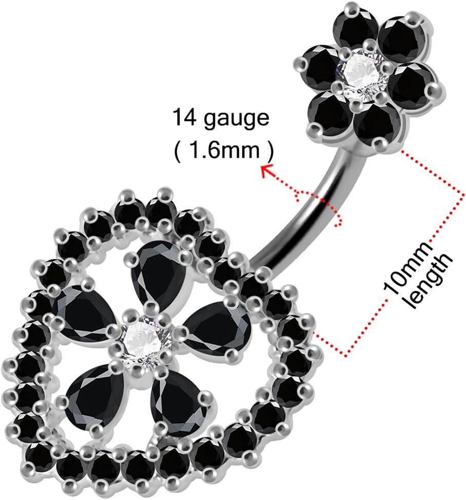 Studded Flower Top with Flower in Heart Double Side Design 925 Sterling Silver with Stainless Steel Belly Ring - Belly Button jewelry - Navel jewelry - Silver Navel Ring