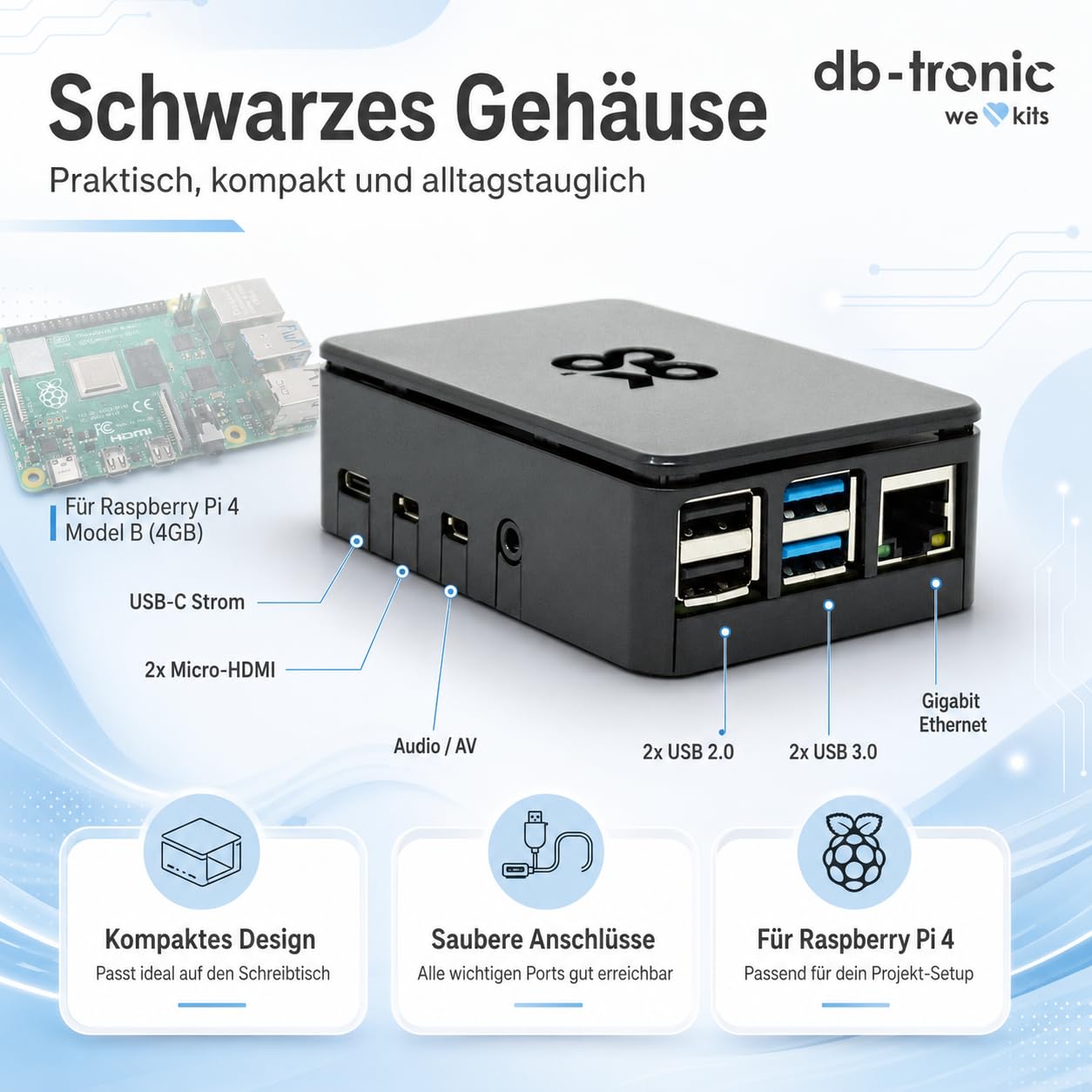 db-tronic OKdo Raspberry Pi 4 Model B Kit de démarrage 4 Go - Bloc d'alimentation 15 W - Boîtier noir - Dissipateur thermique - Idéal pour la maison intelligente, le jeu rétro et l'assistant à