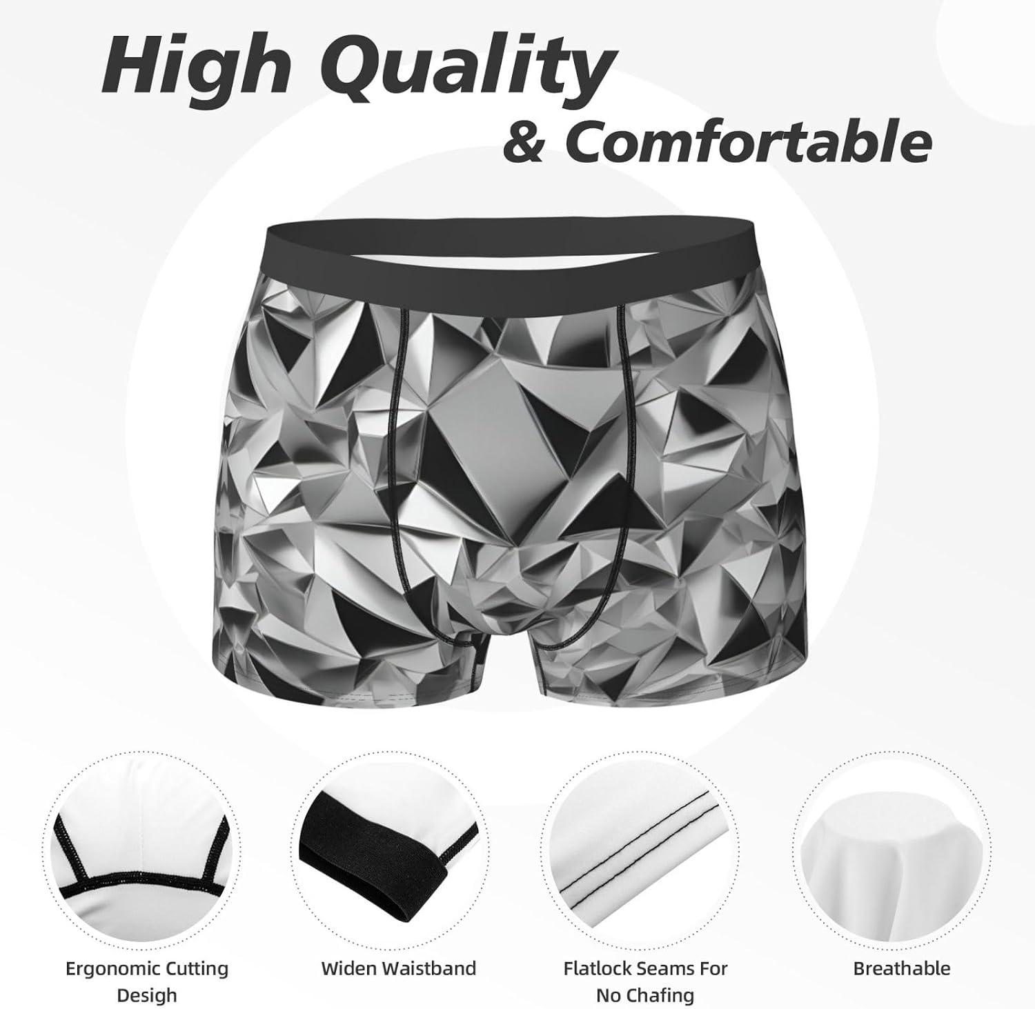 Silver Geometric Figure print Men's boxers, men's stretch leggings shorts Soft breathable boxer underwear