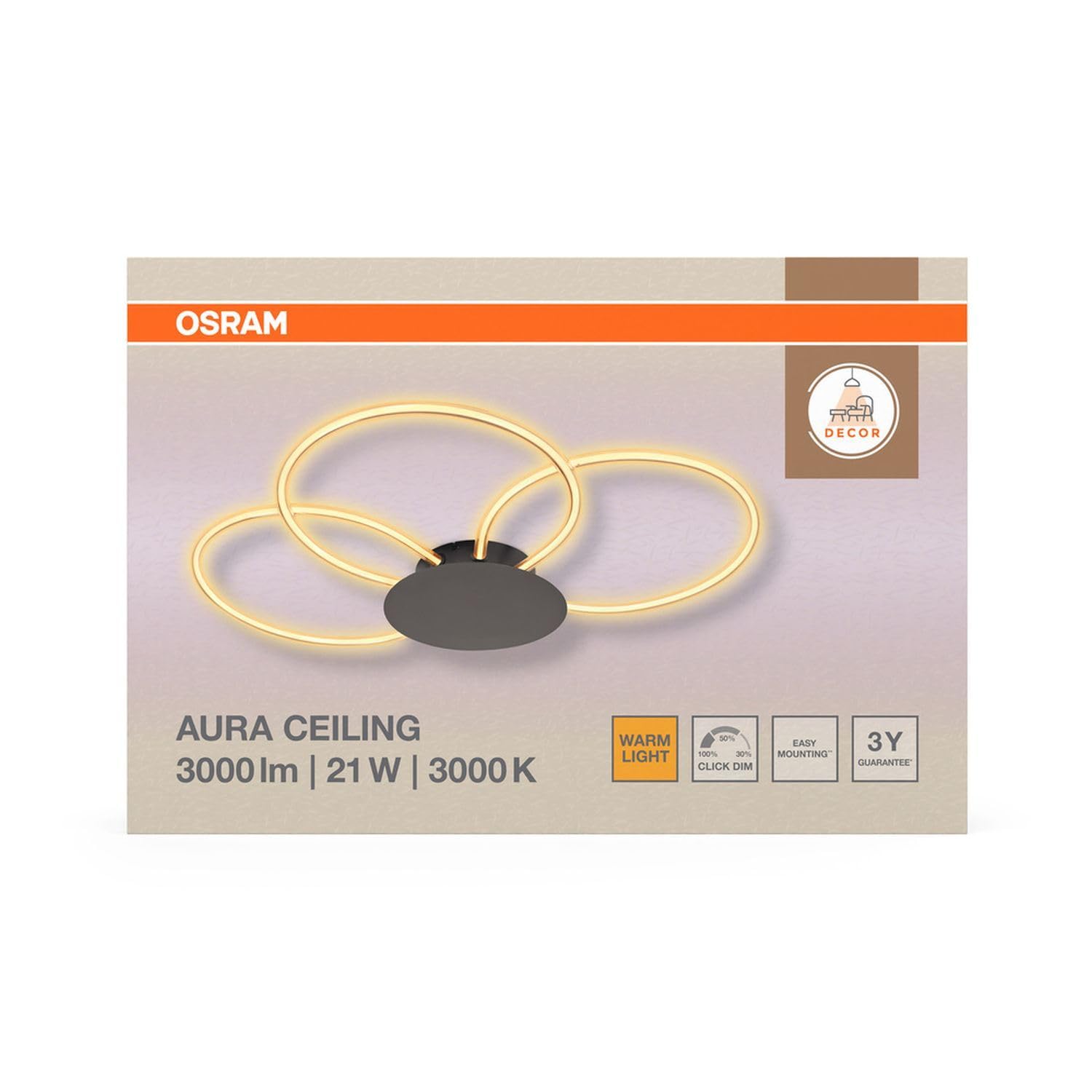Osram Decor Aura Lampada da soffitto in policarbonato curvo con LED e design a filamento, 21 W, 2200 lm, 3000 K, 830 bianco caldo, dimmerabile, grigio scuro, plastica (PC), IP20