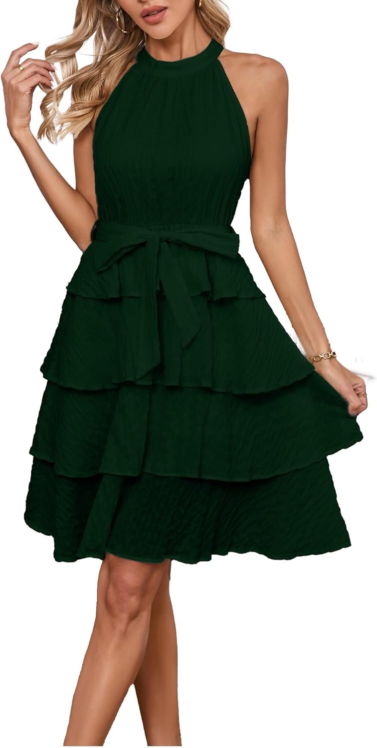 Women's Casual Sleeveless Tops Crewneck Layered Ruffle A Line Mini Dress - Image 6