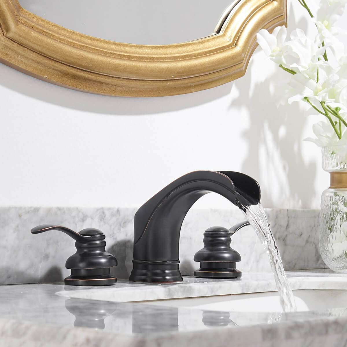 🛒 Crazy Deals Widespread Bathroom Faucet Oil Rubbed Bronze Vanity Bath Waterfall 3 Hole Black Farmhouse Sink 2 Handles Basin 8-16 Inch Modern Commercial Mixer Tap Curved Spout Supply Lines Lead-Free by Homevacious