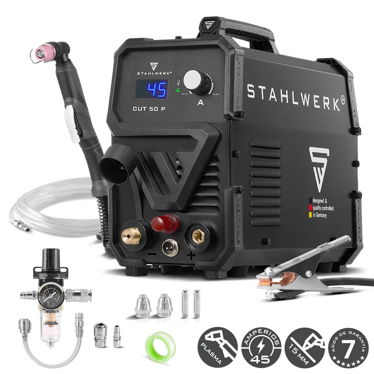 STAHLWERK Cortador de plasma CUT 50 P – 15-45 A, capacidad de corte hasta 15 mm, Plasma Cutter con encendido HF Pilot, refrigeración inteligente, fácil manejo con muchos accesorios