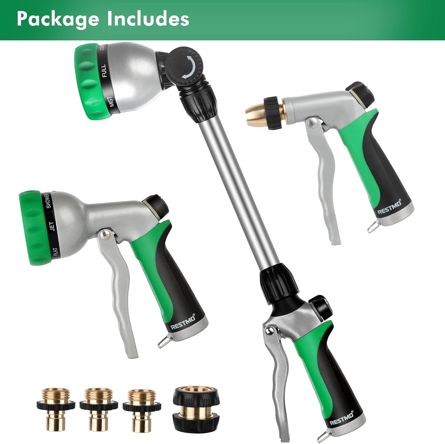 RESTMO 7-Piece Garden Watering Set, Heavy Duty Hose Sprayer with 7 Patterns, High Pressure Brass Hose Nozzle with Flow Control, Metal Water Wand with Adjustable Head, Quick Connect Fittings Included : Patio, Lawn & Garden