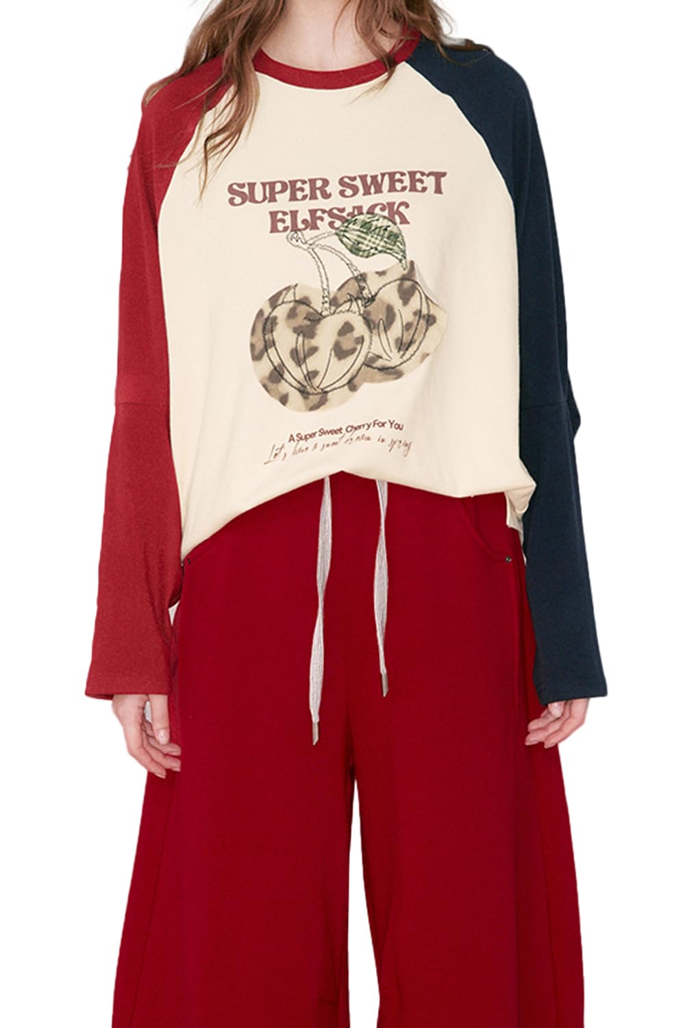 ELFSACK Women Raglan Long Sleeve Top Cherry Embroidery Patchwork 2 Colors Fall Casual