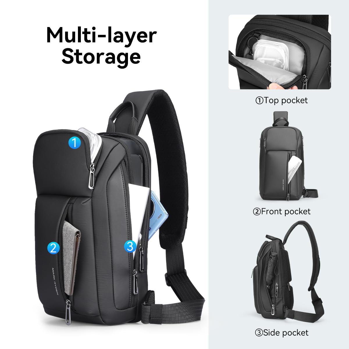 Muzee MARK RYDEN Crossbody Bag Herren Groß，Mehrere Taschen Brusttasche Herren, Schultertaschen für 11 Zoll Ipad