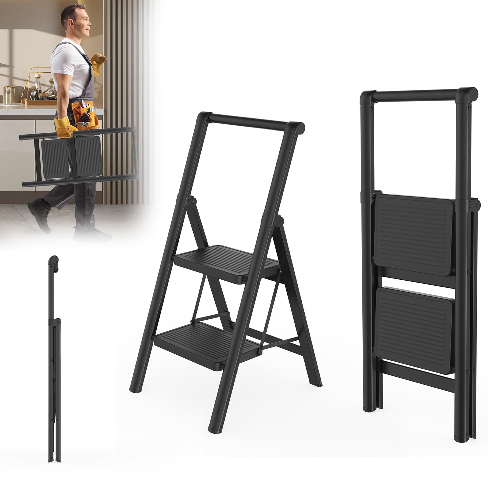 LARS360 Scala pieghevole a 2 gradini con corrimano, scala domestica antiscivolo, per casa, ufficio, portatile e stabile, portata fino a 250 kg, colore nero