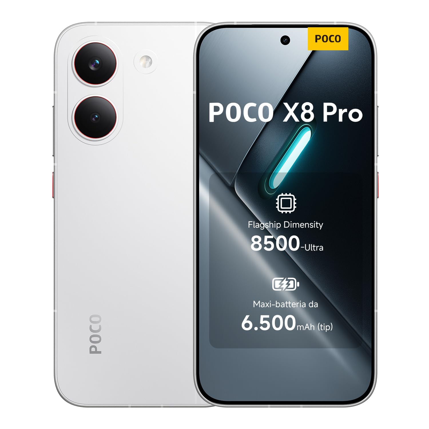 POCO X8 Pro, Smartphone 8+256GB, Dimensity 8500-Ultra, Batteria 6500mAh (typ), Display AMOLED ultra luminoso, Fotocamera 50MP con OIS, Bianco, Garanzia 2 anni+1 anno extra, Caricatore non incluso