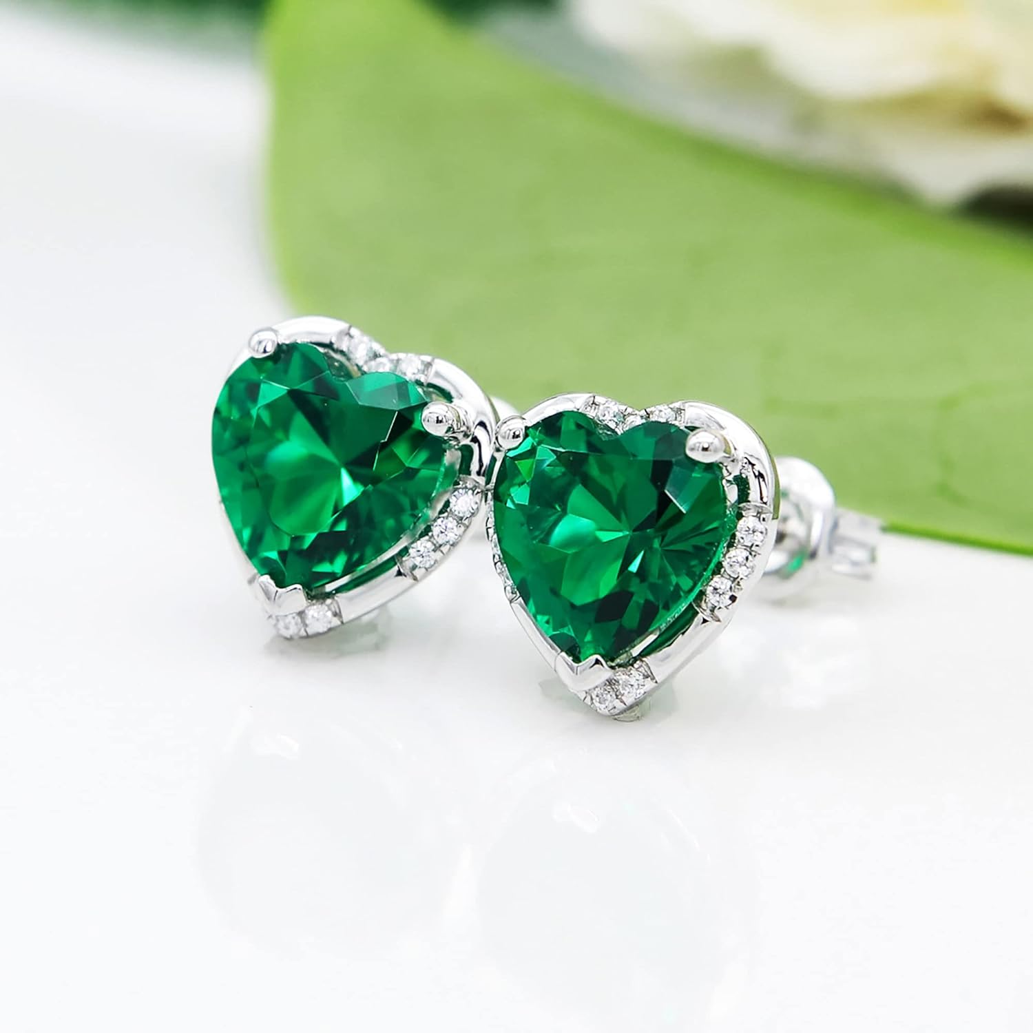 925 Sterling Silver 4.5ct 8mm Heart shaped Earrings Ruby Emerald Sapphire Amethyst Zirconia Ear Stud Fashion White Gold Plated Jewelry Gifts for Women