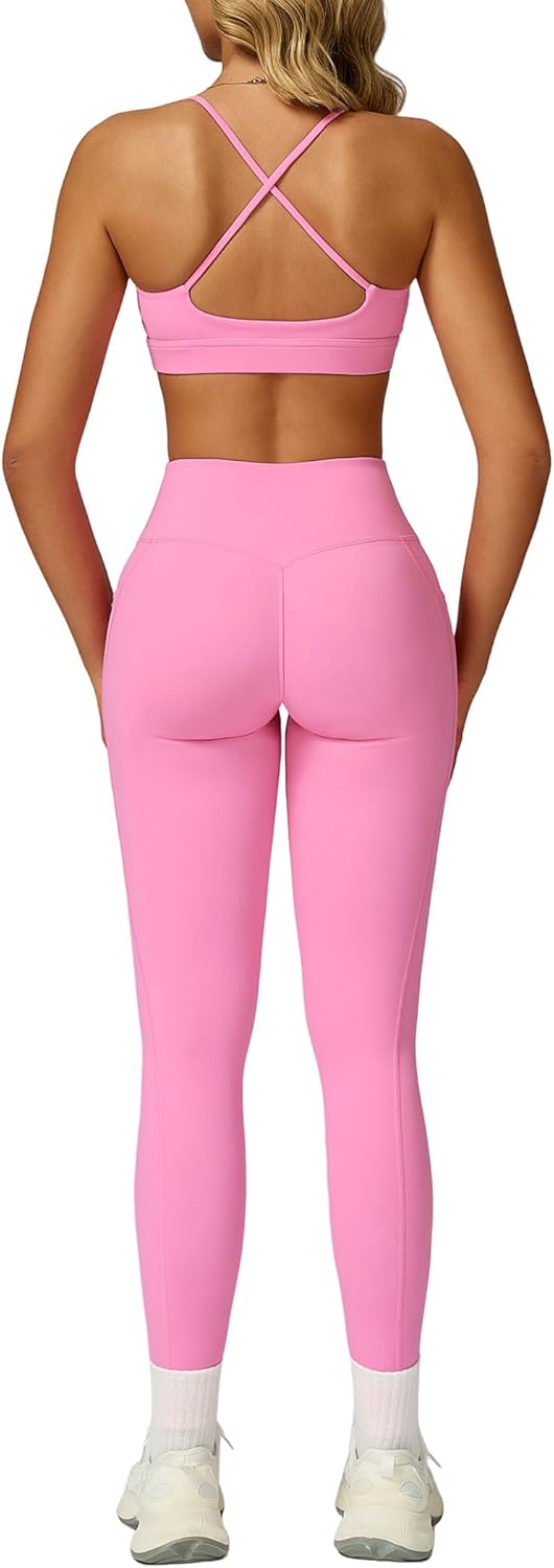 Women 2 Piece Workout Sets Cross Back Sports Bra High Waist Tummy Control Active Leggings Yoga Outfit with Pocket