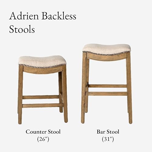 Miniatura 5 de Maven Lane Taburete de bar Adrien sin respaldo  Asiento de sillín de 31 pulgadas con reposapiés  Estructura de madera maciza natural y tapizado de