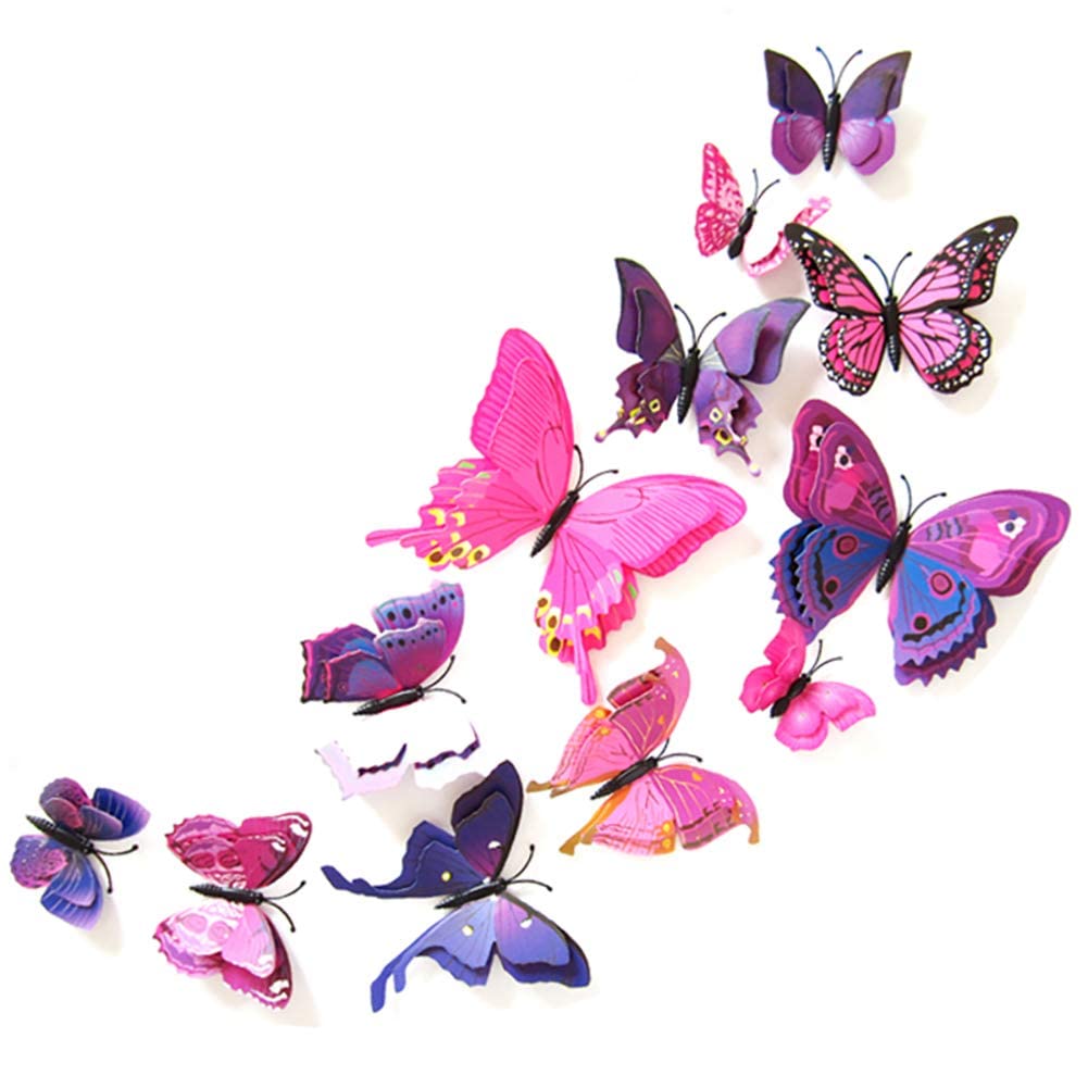 JYPHM 24PCS Butterfly Wall Decal Double Layer Butterfly Stickers Removable Refrigerator Magnets Mural Stickers 3D Wall Stickers for Kids Home Room Nursery DIY Decoration Wall Art Purple