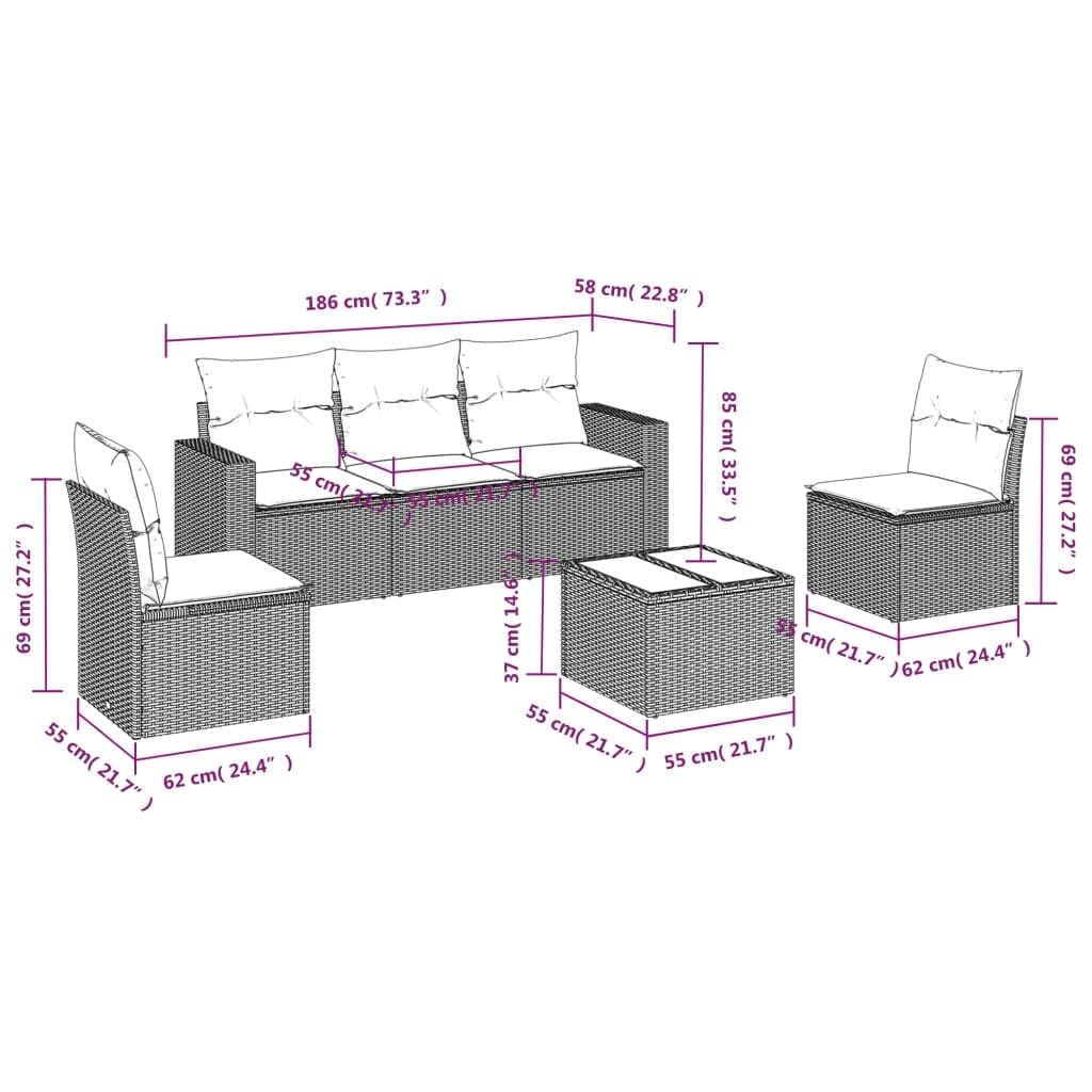Set Divano da Giardino 6 pz con Tavolo in Rattan PE Nero | Mobili componibili per terrazzo e patio con vano portaoggetti integrato sotto la seduta e ripiano in vetro temperato.