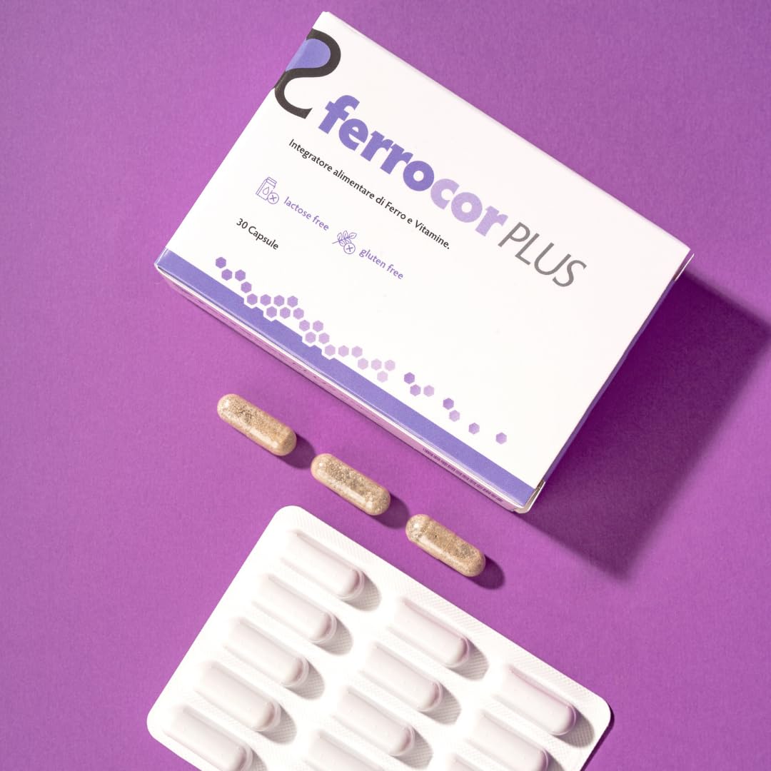 Ferrocor Plus 30 Capsule - Integratore di Ferro con Vitamine C, B12 e Acido Folico – Supporta la Formazione dei Globuli Rossi e Riduce Stanchezza e Affaticamento