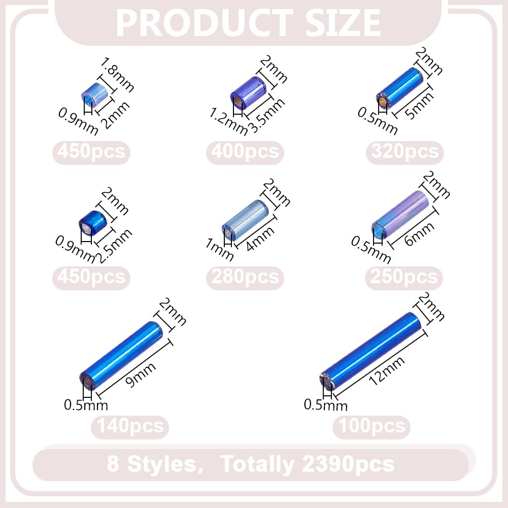 HOBBIESAY 8 Size About 2390Pcs Blue Glass Bugle Beads 2-12mm Tube Seed Bead Small Craft Spacer Beads Mini Long Bead for DIY Bracelet Earring Necklace Jewelry Making,Hole:0.5-1.2mm - Image 2