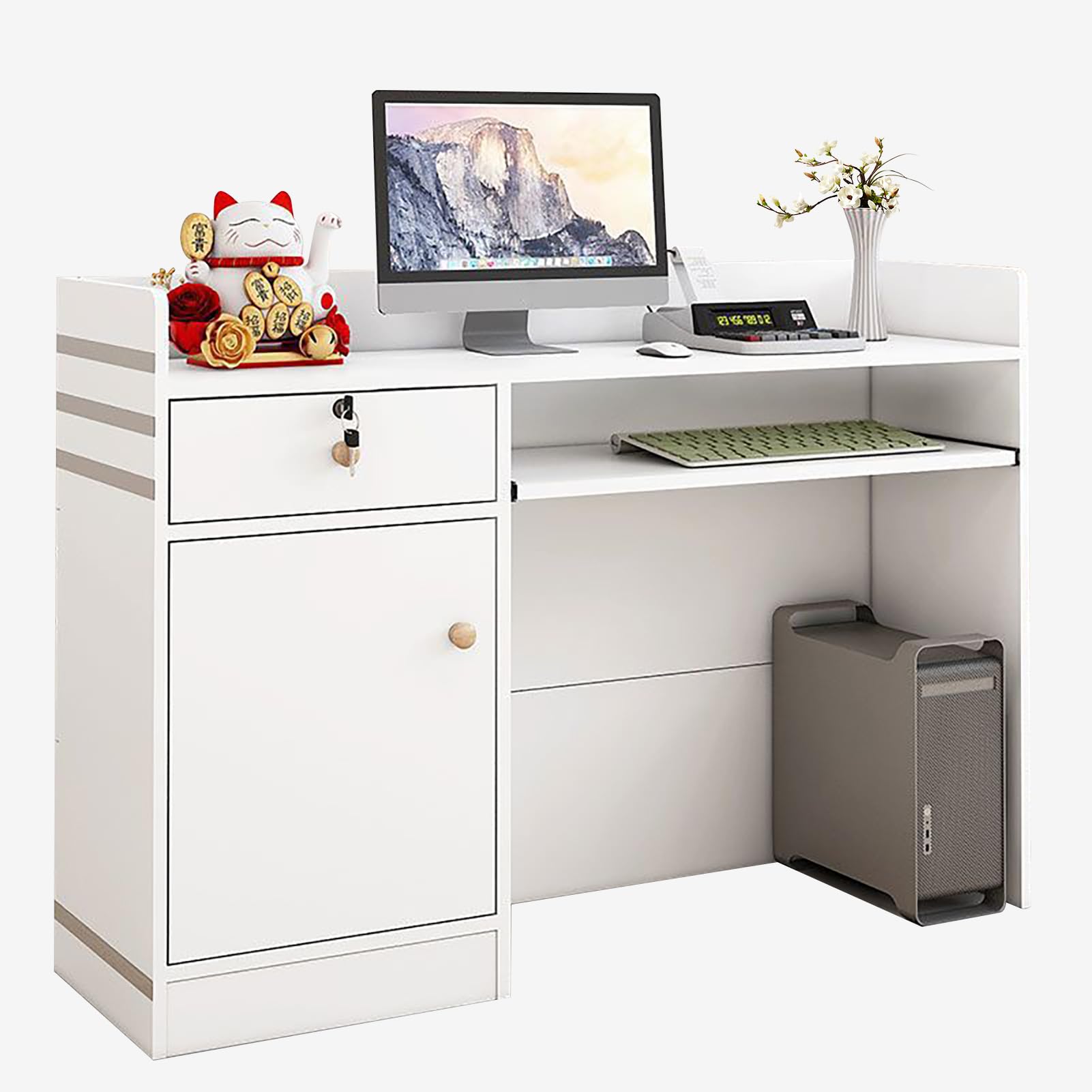 Scrivania moderna per reception con cassetti e spazio di archiviazione, piccola scrivania per ufficio, atrio, negozio, banco cassa per studio o azienda