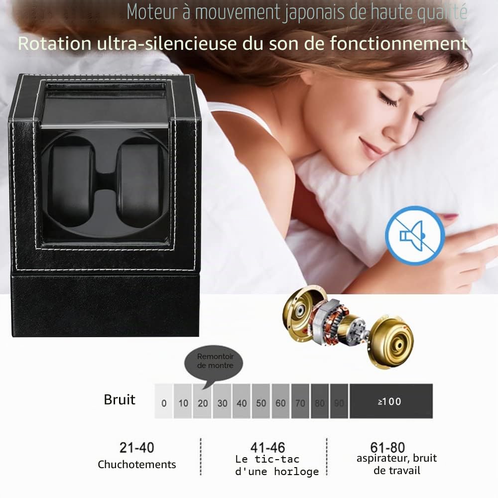 Watch Winder Remontoir Montre Automatique Boîte Cuir Vitrine Acrylique Rotation Silencieux Cadeau pour 2 Montres