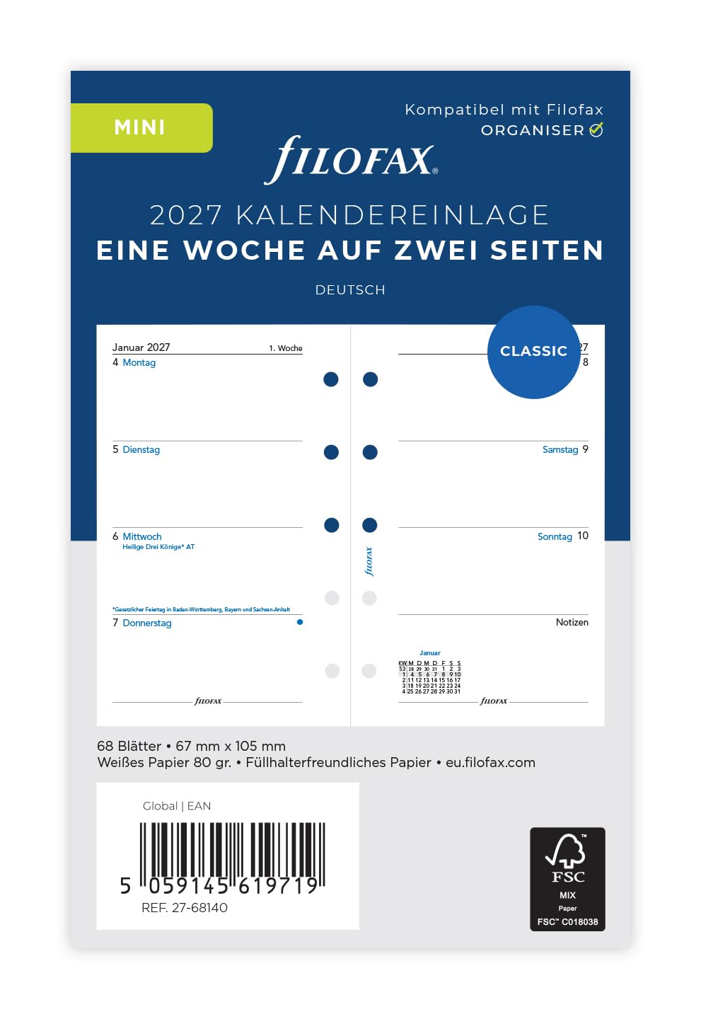 Filofax Calendar Insert Mini 1 Week on 2 Pages German 2027