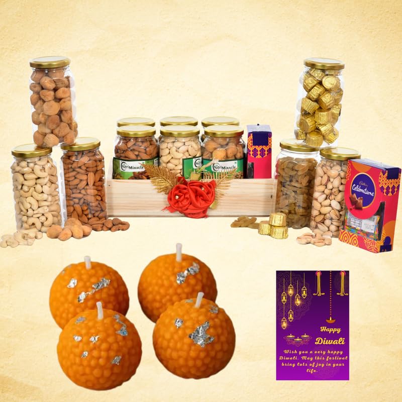 Image of NUTRI MIRACLE Diwali Chocolates Dry Fruits Nuts Gift Hamper with Laddu Candles for Family Celebrations