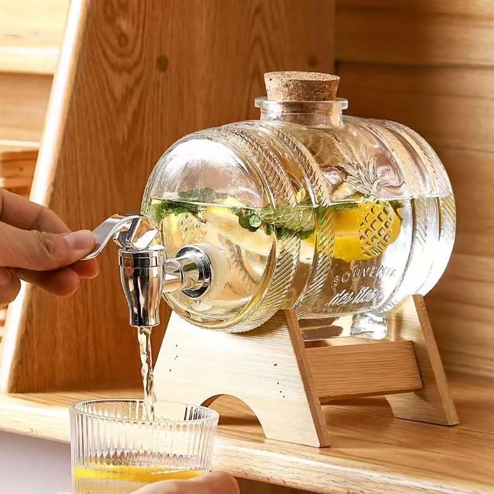 Dispensador de bebidas de vidrio 1L/3L/5L Dispensadores de bebidas heladas con grifo y soporte de madera, dispensador de bebidas Dispensador de bebidas frías para barbacoa, picnic, fiesta en la piscin