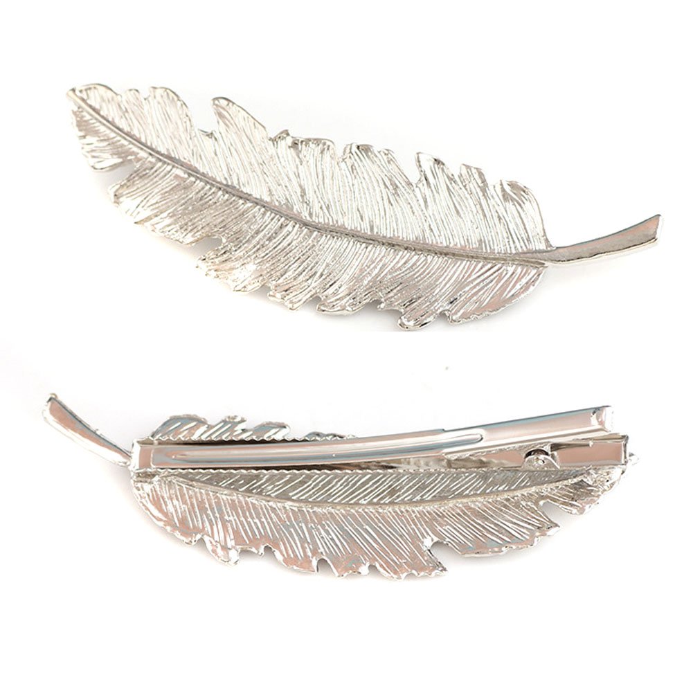 2 PCS Metal Leaf Feather Hair Clip Wedding Women Hairpin Hair Claw Barrettes (Silver)