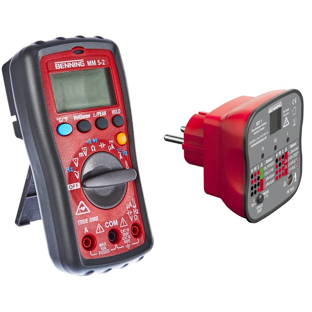 Benning MM 5-2 TRMS-Digital-Multimeter, 044071 & SDT 1. Steckdosentester (Prüfung von Schutzkontaktsteckdosen, Prüfart 2-polig, Spannungsmessbereich 230 V AC, Klingenlänge 17 mm) 20053