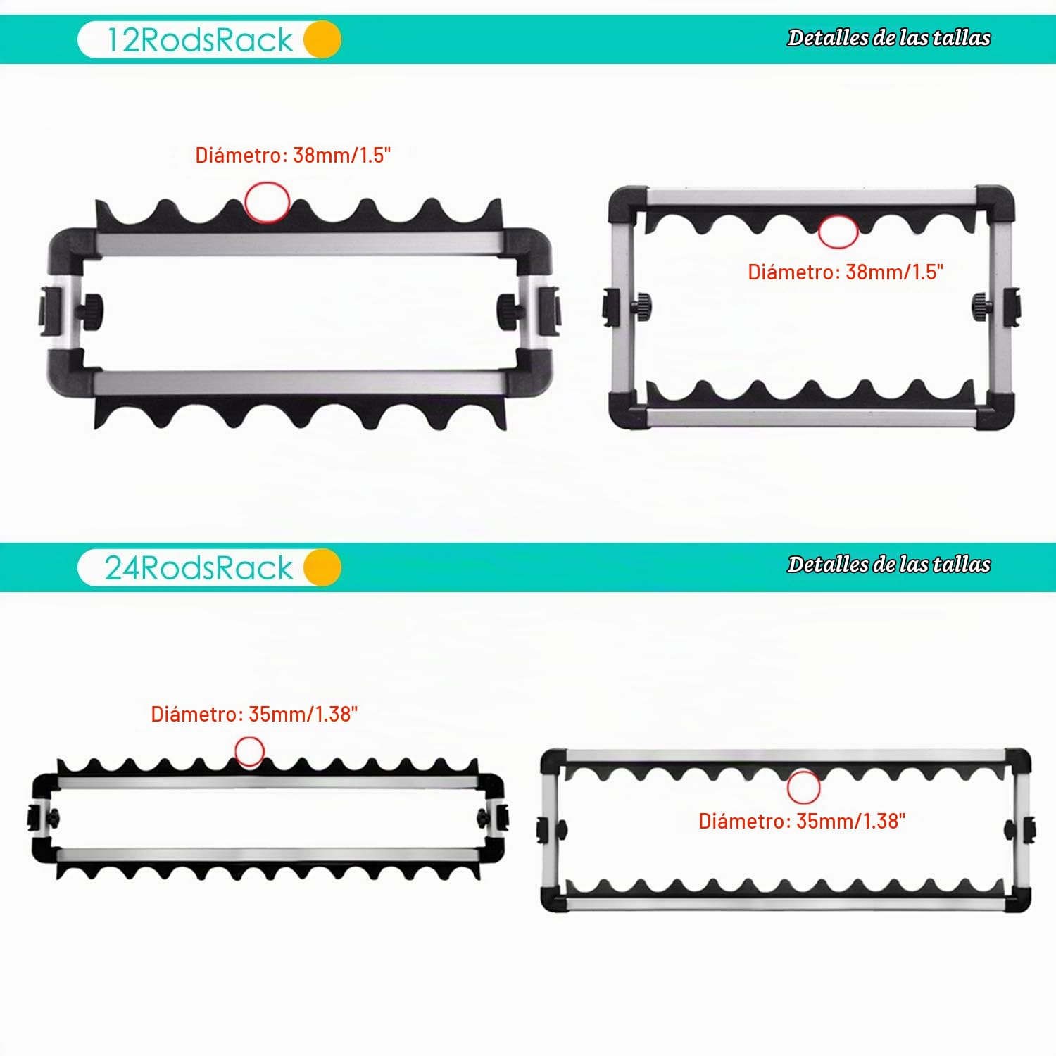 Estante para cañas de pescar, soporte de aleación de aluminio, con capacidad para hasta 24 cañas, organizador para guardar cañas de pescar en el garaje o en casa