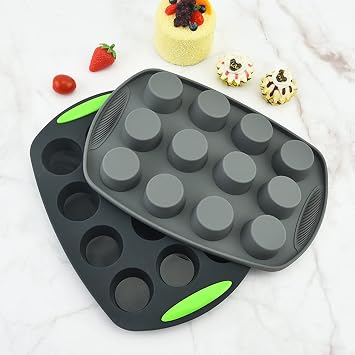 Silicone Muffin Pan 12 Cups Mini Size, Non-stick and Easy Pop Out Muffin Tin, Good Grip Perfect Result Cupcake Baking Tray, Egg Tart Bite Mini Pie Molds, Grey
