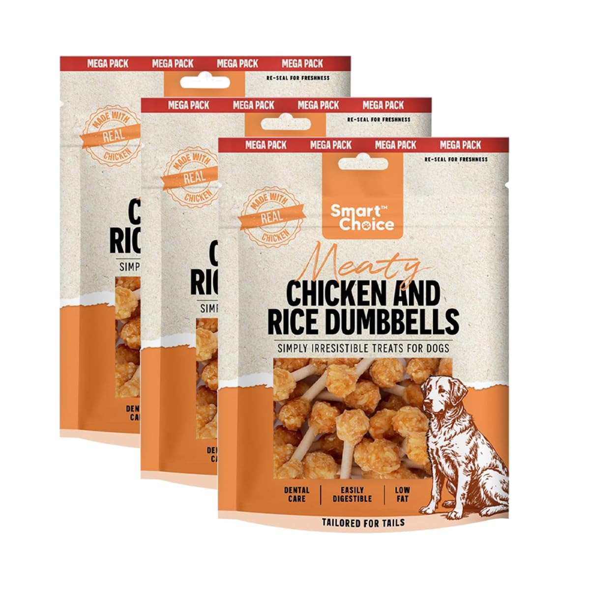 Set of 3 Chicken and Rice Dumbbell Dog Treats with Munchy Stick 300g Resealable Packet Low Fat Easily Digestible Dental Chews Training Rewards Made with Real Chicken - Mega Pack