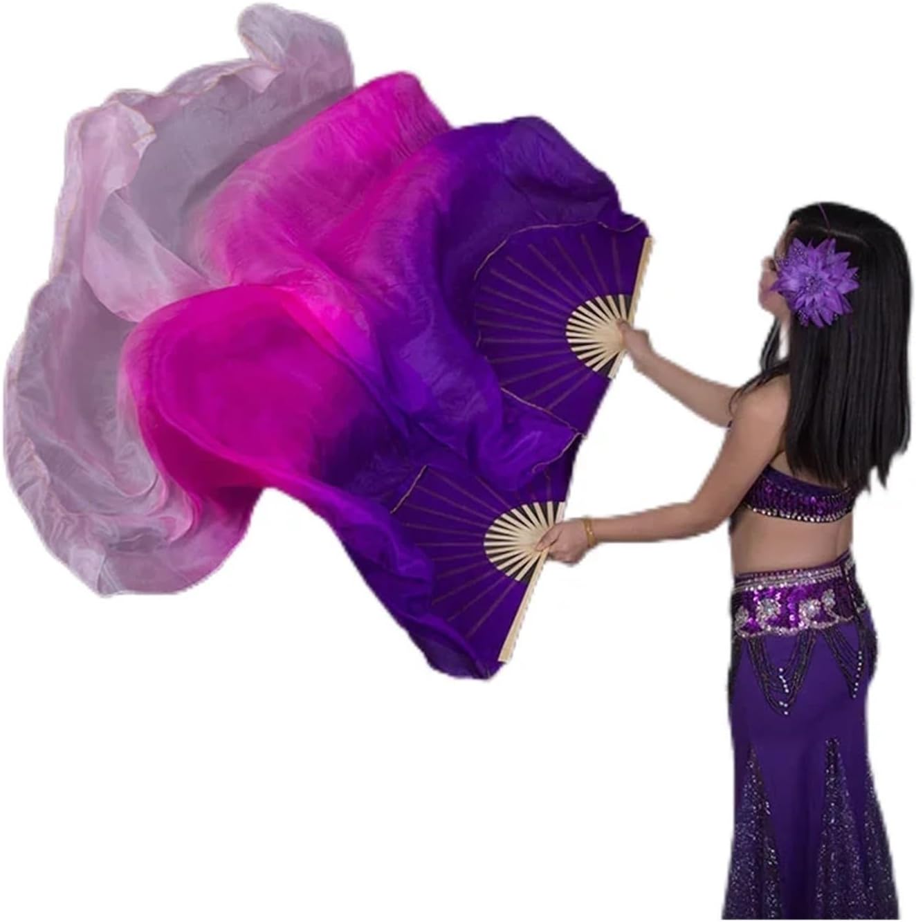 3 Pair/6PCS Silk Belly Dance Veil Long Fan Hand Dye Women Church Praise Bellydance Competition Props