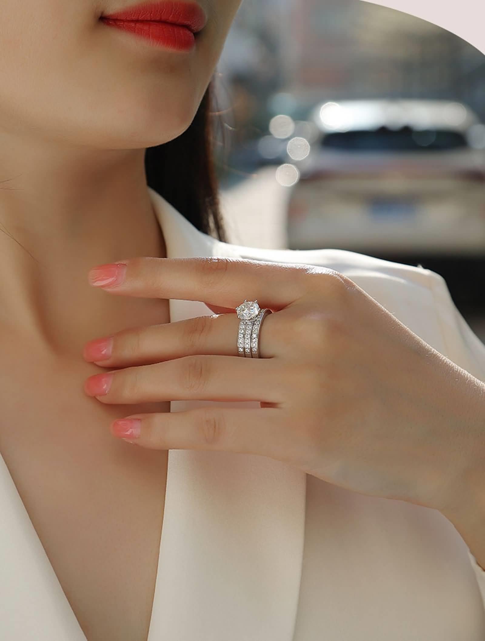 Anillo para mujer de oro, 2 quilates, moissanite, oro blanco, apilable, juego de 3 anillos de compromiso, anillos de oro auténtico para mujer