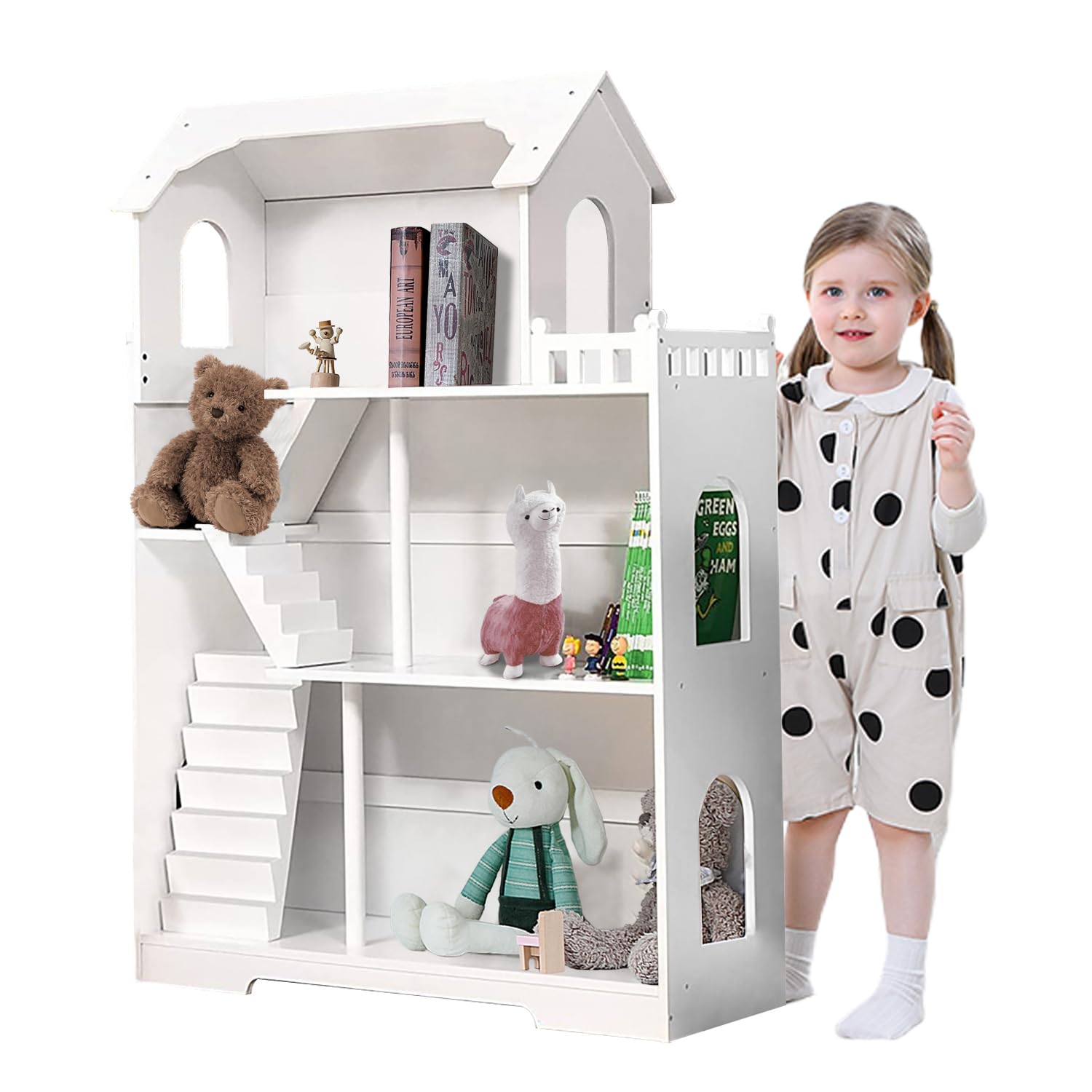 Wooden Dollhouse Bookshelf, 3-Tier Kids Dollhouse Bookcase for Books & Toys Storage Organizer Shelves, Large Doll House for Kids Rooms, Playroom, Nursery, Classroom Gift for Aged 3+