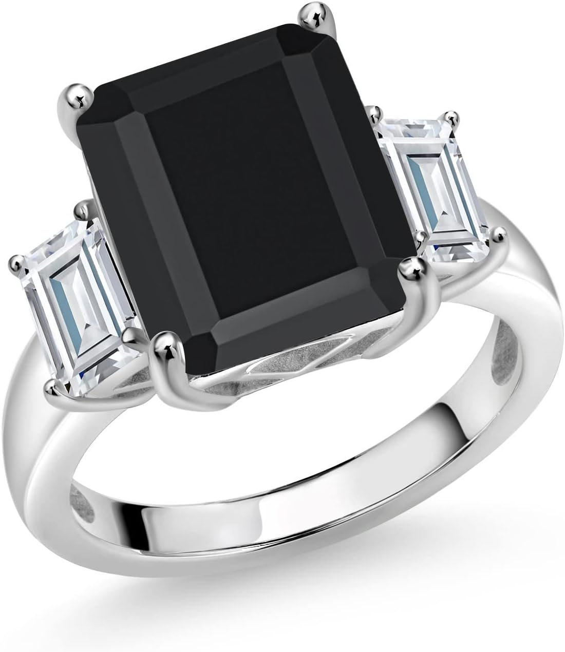 Gem Stone King 6.91 Cttw Black Onyx and White Moissanite 3-Stone Engagement Ring For Women | 925 Sterling Silver | Emerald Cut 12X10MM and 6X4MM | 3 Stone Wedding Anniversary Promise Ring