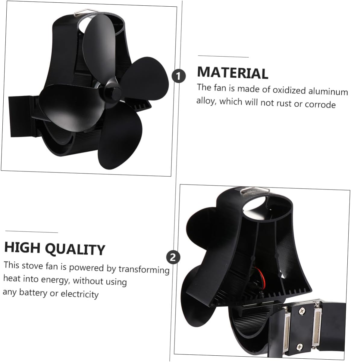 PRETYZOOM Heat Powered Stove Fan with 4-blade High Temperature Magnet Thermal Power Fireplace Fan for Wood Burning Stoves, Black