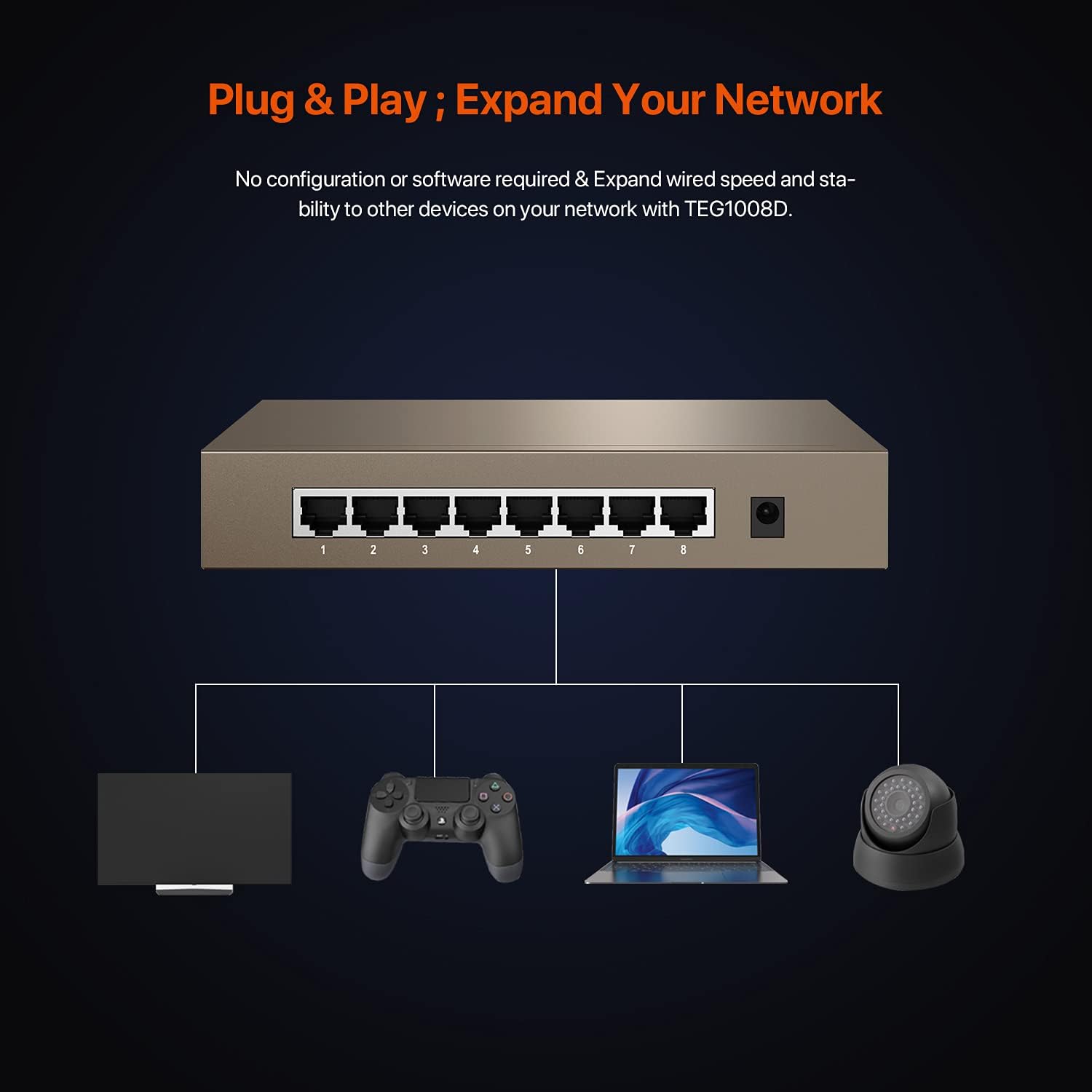 Tenda TEG1008D | 8-Port Gigabit Ethernet Switch | Desktop Network Splitter | Sturdy Metal | Unmanaged | Plug & Play | Monitor Mode | 4KV Lightning-Proof | Limited Lifetime Protection