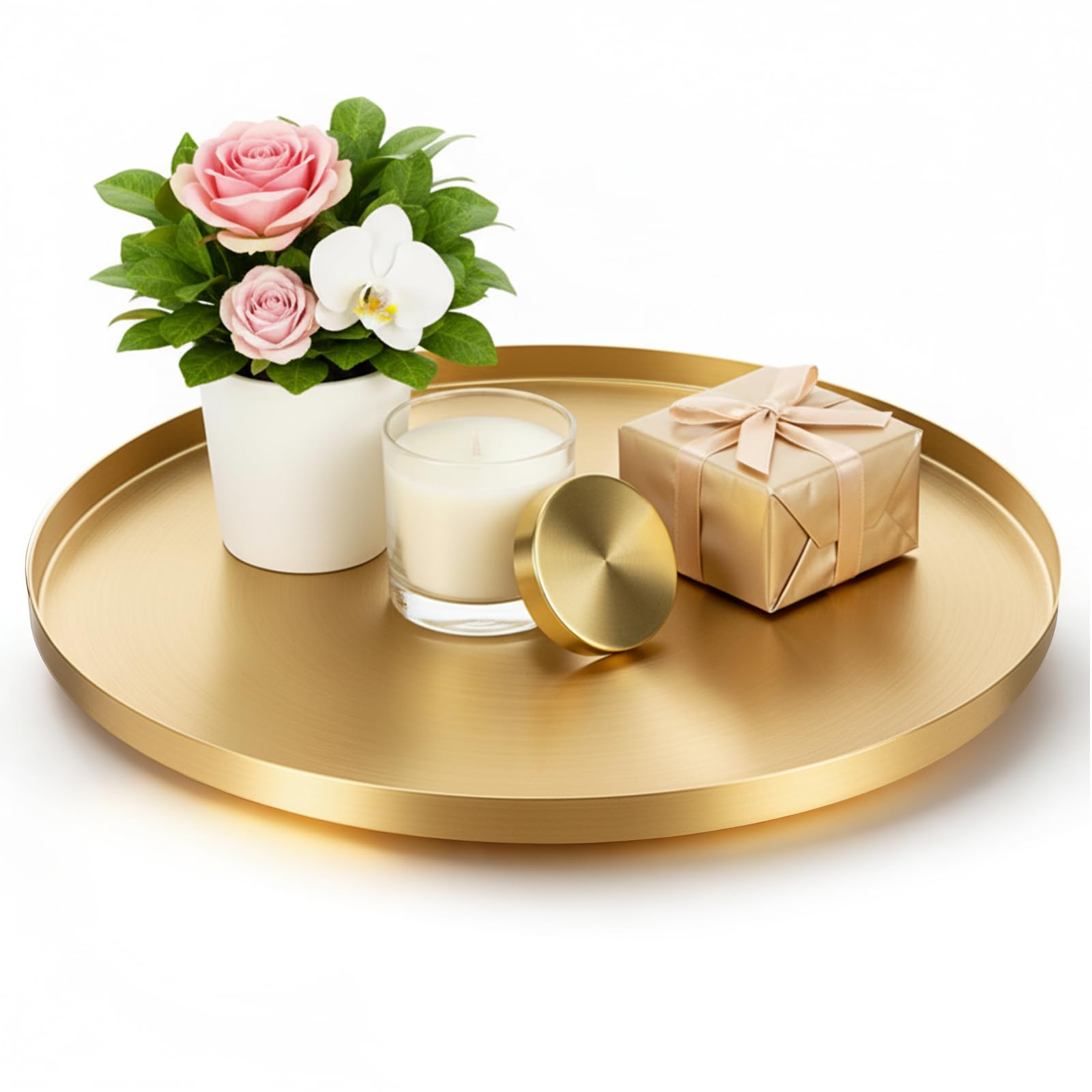 Photo 1 of Gold Round Serving Tray, Round-Brass Serving Platter, Gold Stainless Steel Round Jewelry and Make up Organiser Gold-Plate Metal Jewelry Makeup Organizer Dishes for Kitchen Dinning Coffee,12.6 inch
