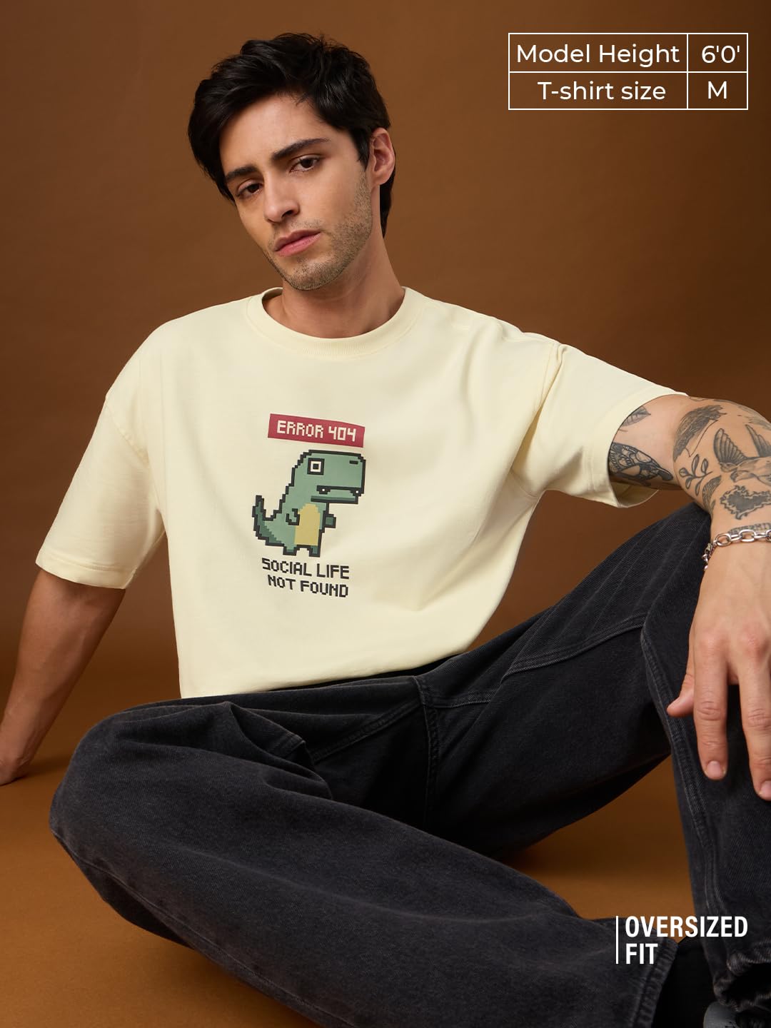 The Souled Store Camiseta de gran tamaño: It's an Error Hombres y Niños Manga Corta Cuello Redondo Blanco Roto Gráfico Impreso Píxelado Hombro Caída Divertido Moda Streetwear Casual Algodón T-shirt