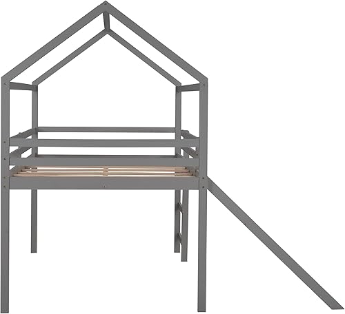 Miniatura 5 de Harper & Bright Designs Cama alta de tamaño matrimonial con tobogán, cama alta de madera, marco de cama tipo loft con techo y barandilla, cama alta