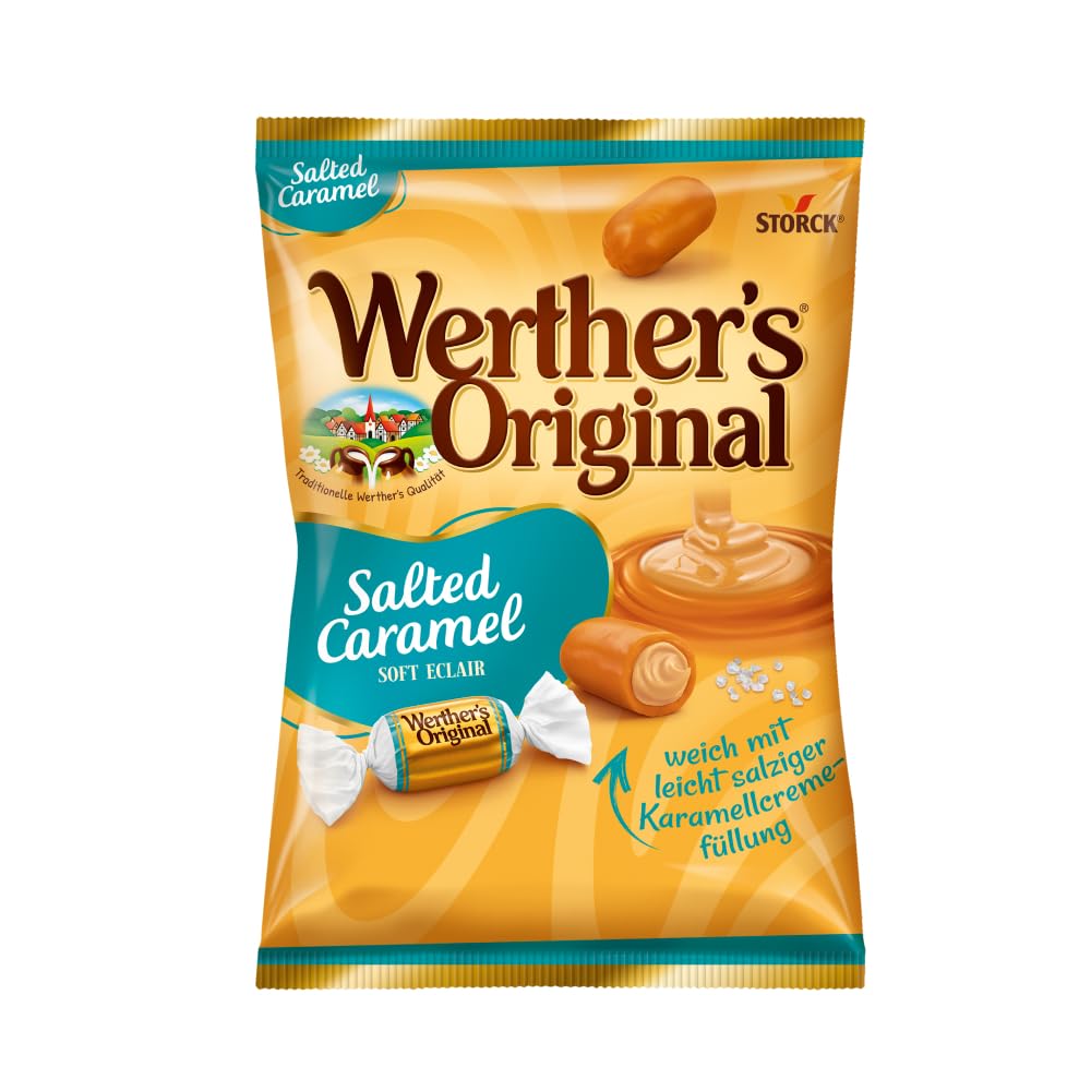 Werther's Original Salted Caramel Soft Eclair - 1 x 180 g - Weiche Karamelltoffees mit Karamellcremefüllung und leichter Salznote – Einzeln verpackte Toffees