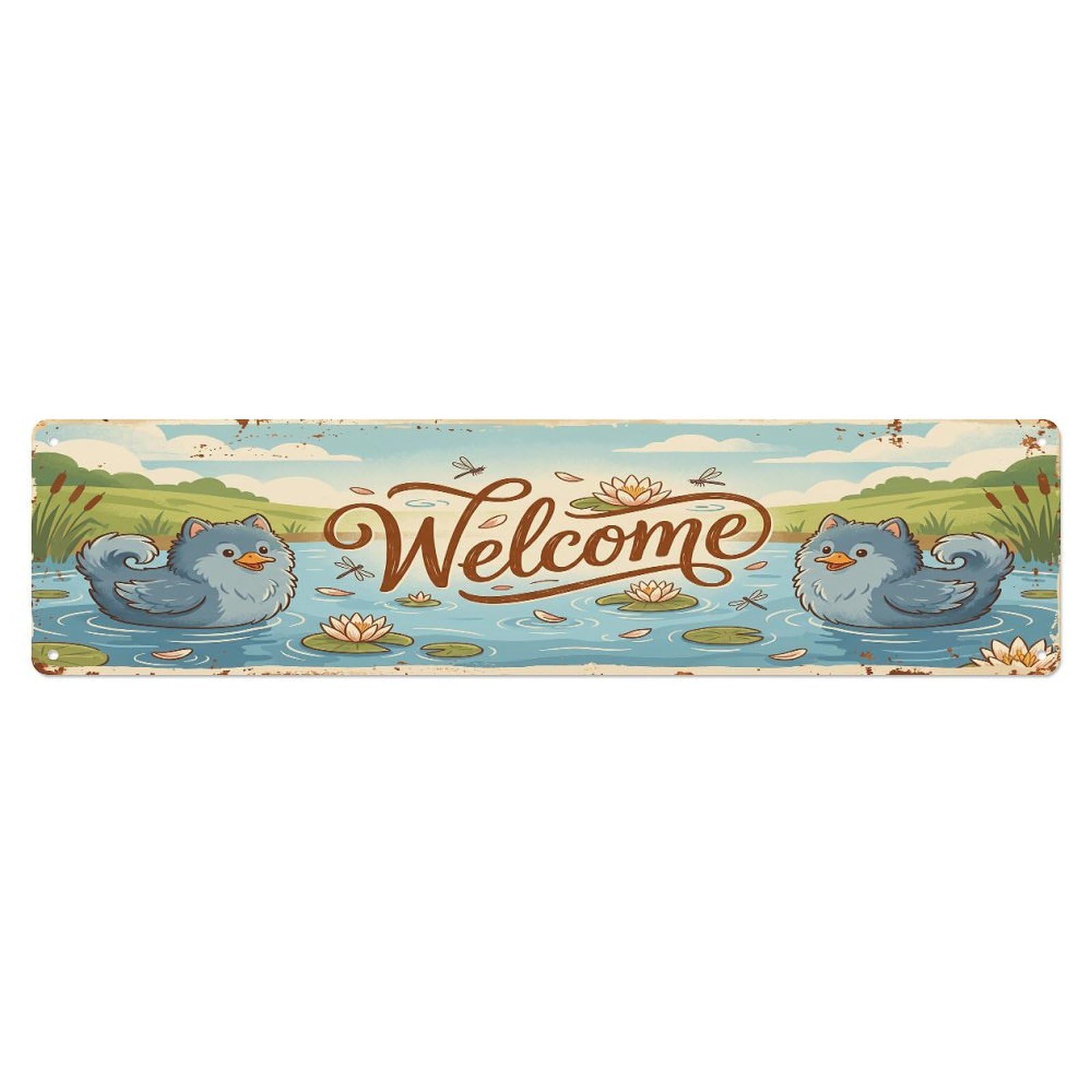 Cxhjca 4X16inch(10X40cm) Vintage Welcome Pomeranian Duck Metal Tin Sign
