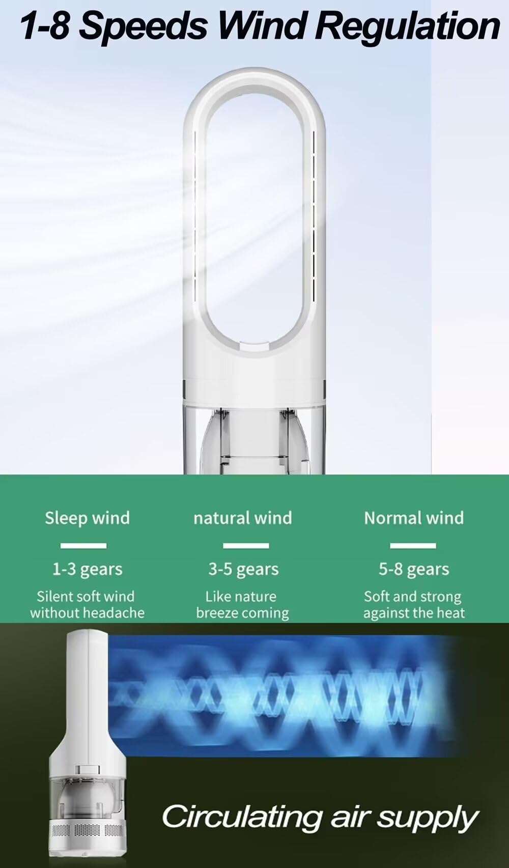 Ventilatore a torre nebulizzatore con serbatoio dell'acqua da 1,75 l, ventola di raffreddamento senza lama da 78,7 cm, 8 velocità, timer 9H, basso rumore, per camera da letto, cucina