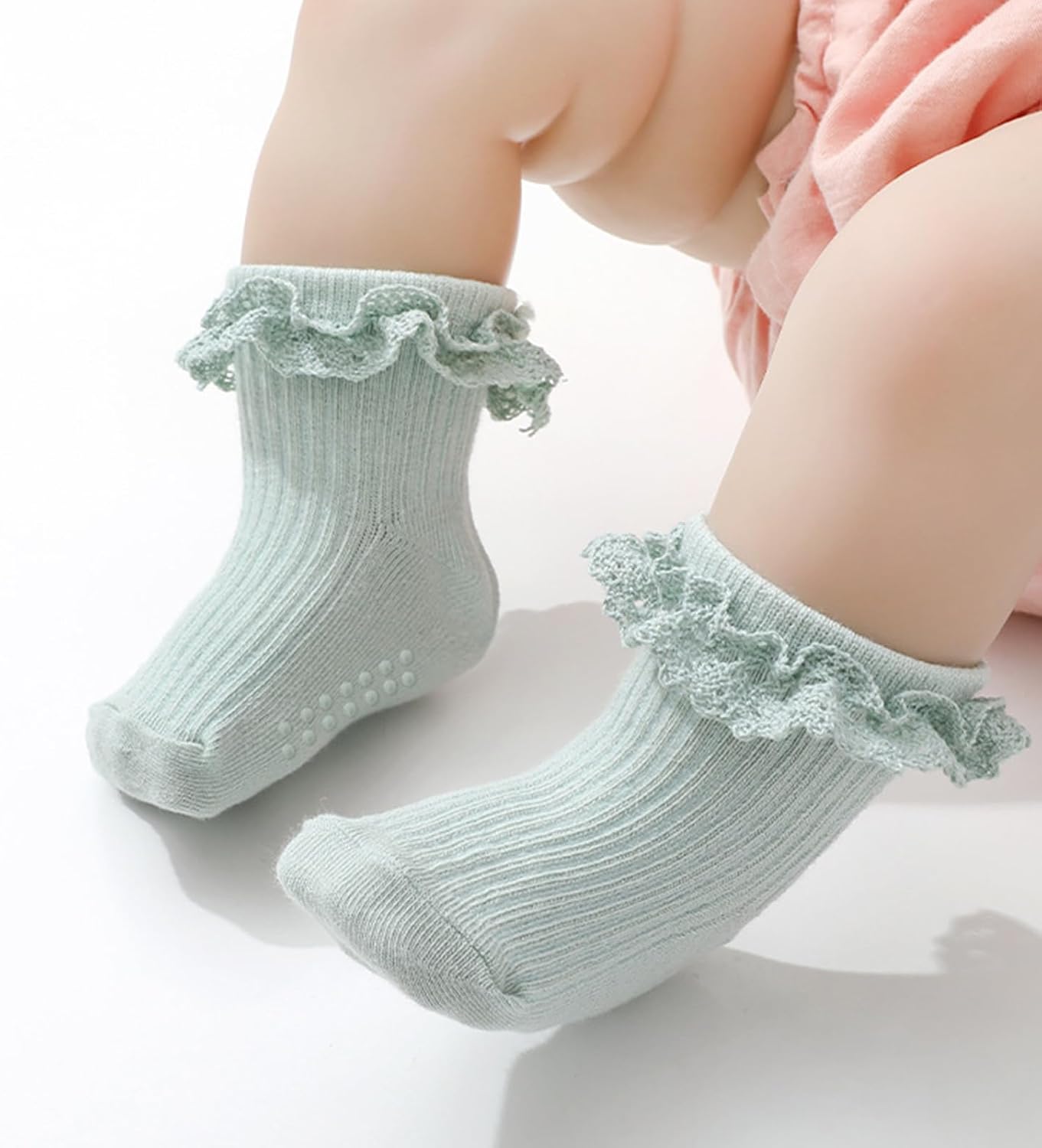 8 Pack Baby Girls Anti Slip Socks Toddler Frilly Ruffle Grip Ankle Cotton Socks for Infant/Newborn/0-2T