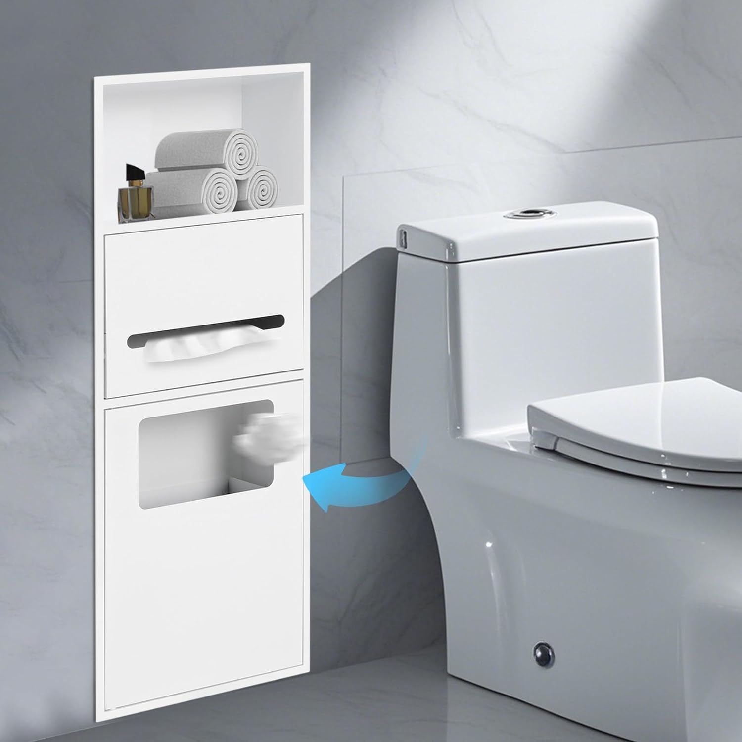 Modern Bathroom Niche, Recessed Bathroom Toilet Storage Cabinet with Built-in Trash Can, Stainless Steel Wall Recessed Shelf Organizer for Toilet Paper, Shampoo, Toiletries(White)
