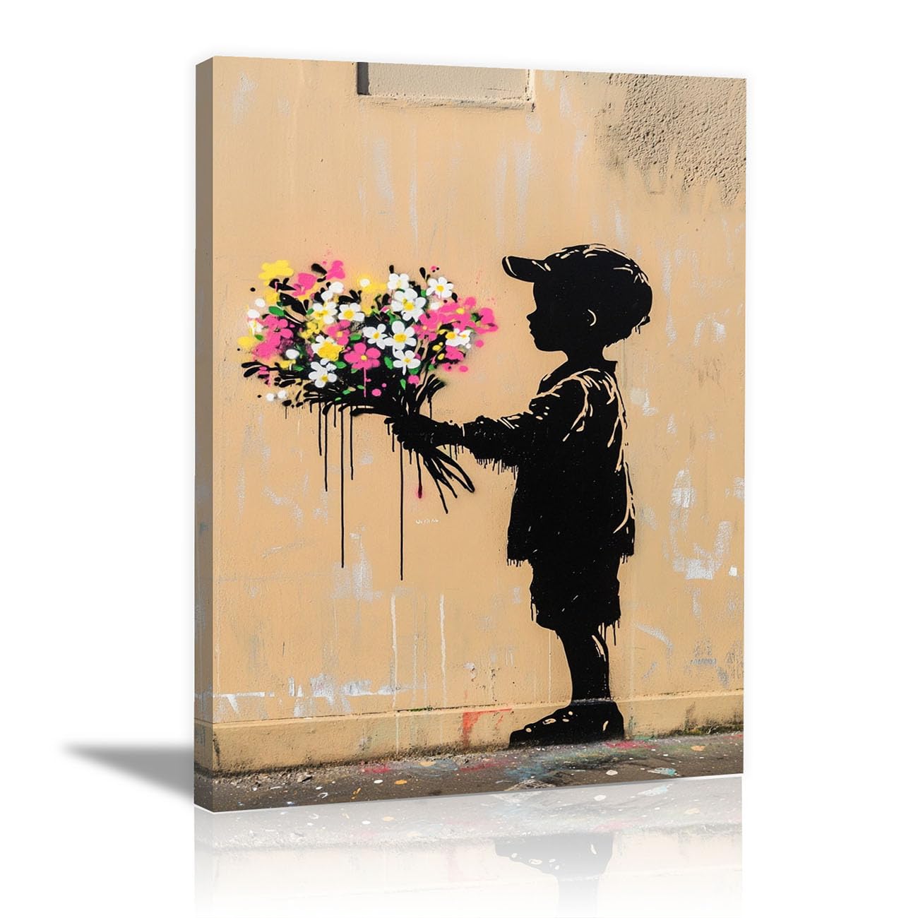 WIKEO Banksy na płótnie, graffiti, słodkie chłopięce kwiaty, do sypialni, dekoracja ścienna, do salonu, nowoczesna dekoracja ścienna, prezent (czerwony) - 70 x 100 cm, oprawiony