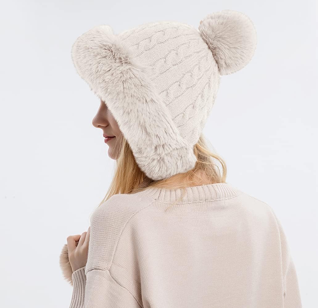 Winter Beanie Hats for Women with Ear Flaps Faux Fur Crochet Skull Cap Warm Outdoor Ski Snow Hats Pompoms - Image 3